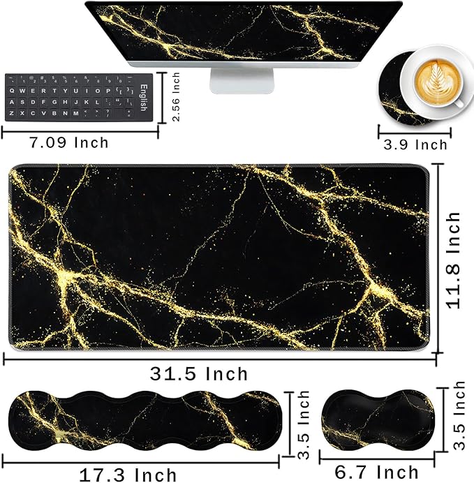 Keyboard Wrist Rest and Mouse Pad with Wrist Support Set Ergonomic CoasterMemory FoamEasy Typing Pain ReliefLarge XL Desk Mat 31.5x 11.8Black Marble