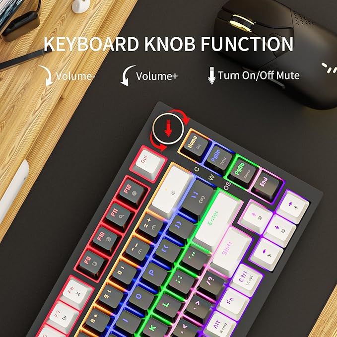 Newmen GM326 Wired Mechanical Keyboard75% Percent Mini Backlit Hot Swappable Gaming Mechanical Keyboard with Knob82 Keys Anti-Ghosting Compact Gaming Keyboards for PC Win MacWhite/BlackRed Switch