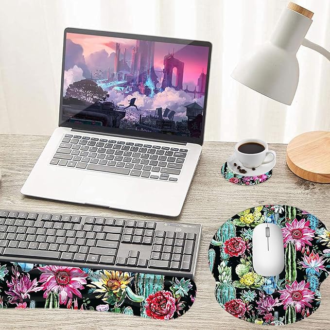 Keyboard Wrist Rest and Mouse Pad Wrist Support Set with CoastersNon-Slip PU Base Ergonomic Gaming Mousepad for Home Office Working Studying Easy Typing &amp Pain ReliefCactus