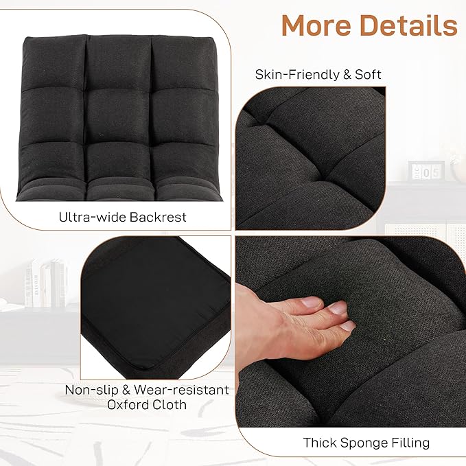 Floor Chair with Back Support Folding Chair with 6 Adjustable Position Padded Sleeper Bed Floor Gaming Chair Meditation Chair Gaming Floor Chairs for Adults (Country Rustic Black)