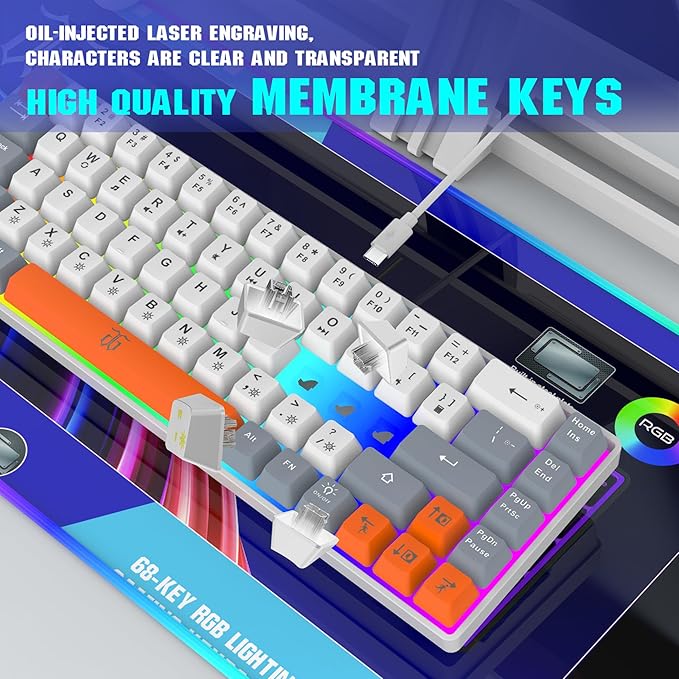 Snpurdiri 60% Percent Gaming Keyboard Ergonomic Compact RGB Backlit Small Gaming Keyboard for Windows PC Laptop (68 Keys White-Grey-Orange)