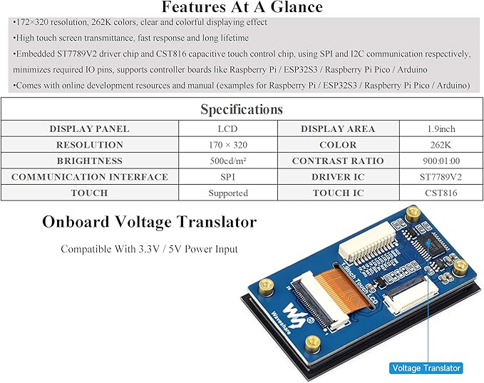 1.9inch Touch LCD Display Module Micro LCD Display 172x320 Resolution IPS SPI and I2C Communication 262K Display Color Compatible with Raspberry Pi ESP32S3 Pico etc.
