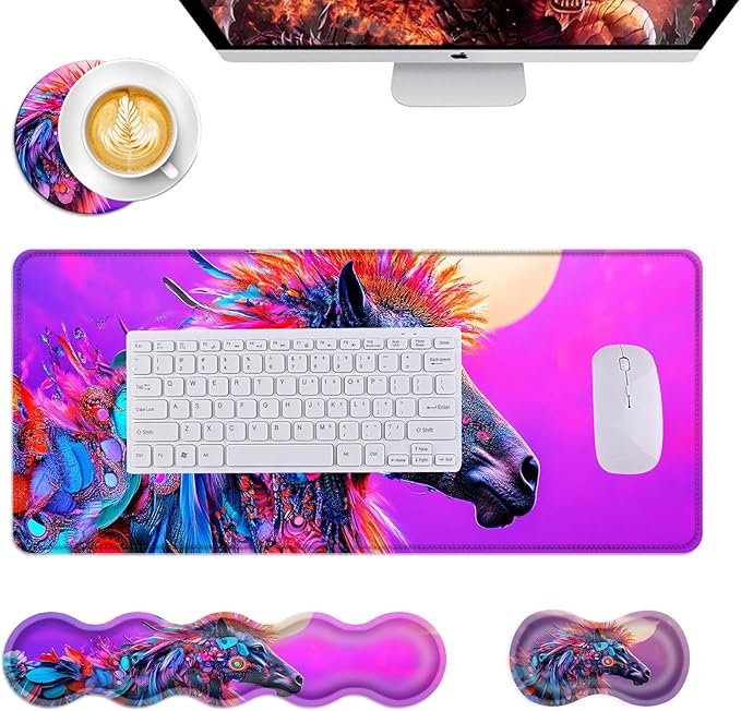 Mouse PadLarge Desk Mat Set 4in1 XL Mousepad + Keyboard Wrist Rest+Mouse Wrist Rest+Coaster with Ergonomic Desk Pad for Home Office Table Computer Cover -Colorful Horse