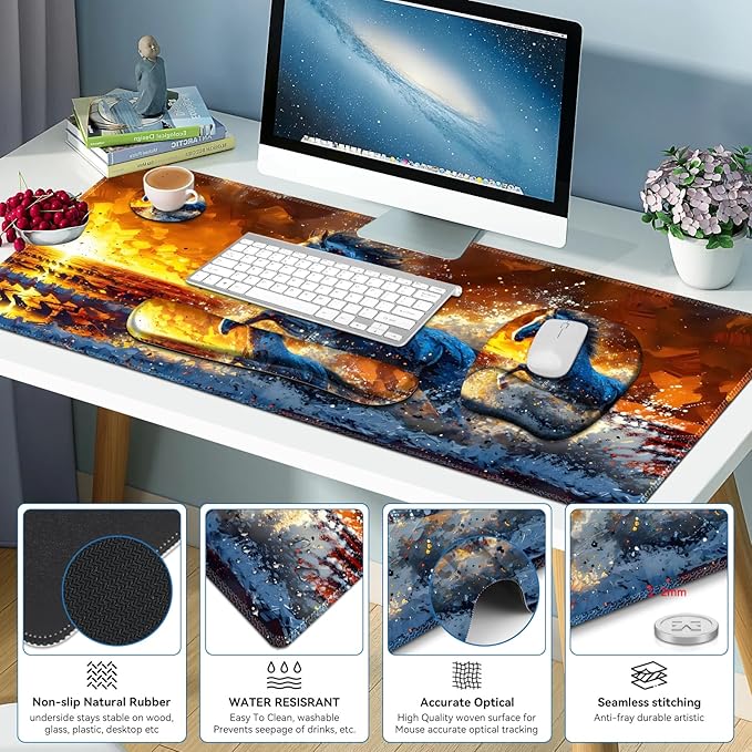 Large Mouse Pad Keyboard Wrist Rest Set Ergonomic Mouse Pad with Wrist Support Desk Mat with Stitched Edges + Coaster Extended Desk Pad Waterproof Desk Mat for Home Office Game I Running Horse