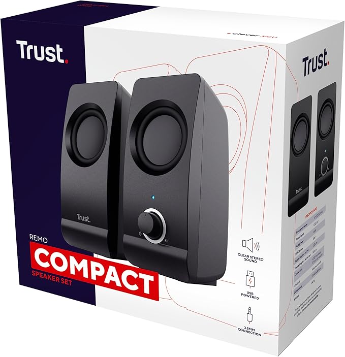 Trust Remo 2.0 PC Speakers 16W (8W RMS) USB Powered Jack 3.5mm Stereo Speaker Set with Volume Control Compact Sound System for Computer and Laptop - Black