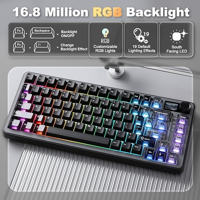 YUNZII B75 PRO MAX QMK/VIA Wireless Mechanical Keyboard75% Layout with Screen and KnobCustom Hot Swap GasketCreamy Pre-lubed SwitchesBluetooth/Type-C/2.4G for Win/Mac (BlackCocoa Cream V2 Switch)