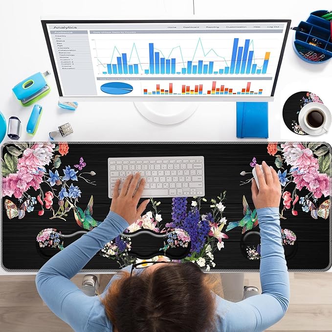 Keyboard Wrist Rest+Mouse Wrist Pad+Desk Pad SetMemory Foam Ergonomic Easy Typing Pain Relief for Computer Laptop Office Home - Hummingbird and Flower