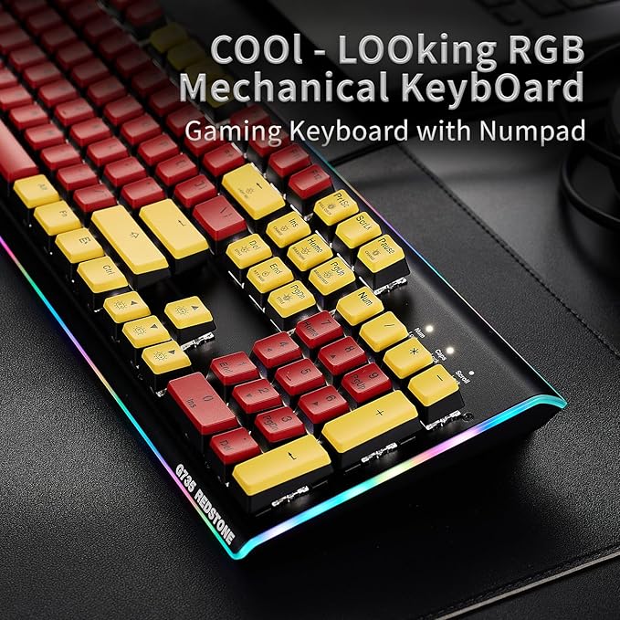 Hexgears GK735 Wired Mechanical Gaming Keyboard Hot-Swappable Full-Size Keyboard with White Backlit + Surround Side Light Strip Aluminum Finish Kailh Clicky Switches (Red-Yellow)