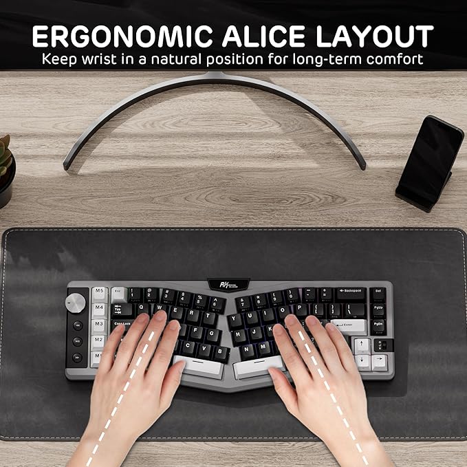 RK ROYAL KLUDGE A72 Alice Ergonomic Wireless Mechanical Keyboard w/Knob/Macro Keys/Touchable Nameplate Tri-Mode 68% 72-Key Gasket Keyboard BT/2.4G/USB-C Hot Swap Win/Mac Software 7500mAh Battery