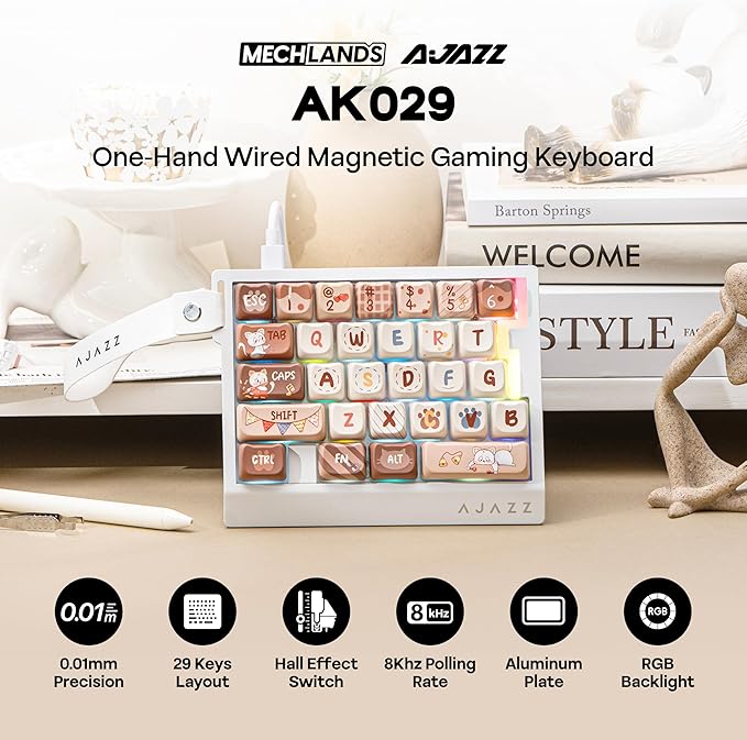MechLands AJAZZ AK029 One Handed Gaming Keyboard 8Khz Polling 29 Keys Rapid Fast Wired Keyboard SOCD &amp DKS Magnetic Switch Adjustable Actuation RGB Backlits Aluminum Plate (White Brown)
