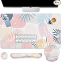 Arttown Pink Flower Botanical Desk Mat Leaves Vintage Mouse Pad Set with Wrist Support 4-in-1 Large Mousepad+Keyboard Wrist Rest+Mouse Wrist Rest+Coaster with Ergonomic Design Non-Slip Mat