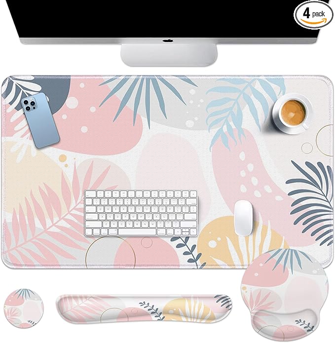Arttown Pink Flower Botanical Desk Mat Leaves Vintage Mouse Pad Set with Wrist Support 4-in-1 Large Mousepad+Keyboard Wrist Rest+Mouse Wrist Rest+Coaster with Ergonomic Design Non-Slip Mat