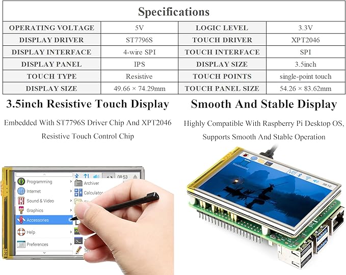 3.5inch Resistive Touch Display Compatible with Pi 5/4B/3B+/3B/Pico W/Pico 2W/ ESP32 IPS LCD Screen 320×480 Resolution 262K Color Pigo Pin Header and GH1.25 11PIN Cable Two Connection Ways