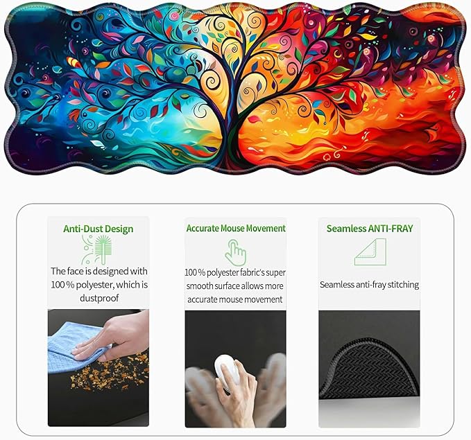 3-Piece Ergonomic Desk Mat &amp Cloud Wrist Rest Set Large 31.5 x 11.8 Wave Office Desk Pad with Memory Foam Support Non-Slip Computer Protector for Home Gaming &amp Writing Blue Red Trees