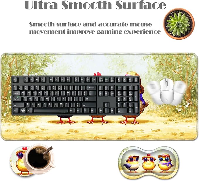 Ergonomic Keyboard Wrist Rest &amp Mouse Pad Wrist Rest SetXL Gaming Desk Mat 31.5x 11.8Non-Slip BaseMemory FoamEasy Typing Pain Relief for Office &amp HomeCute Chickens with Hats