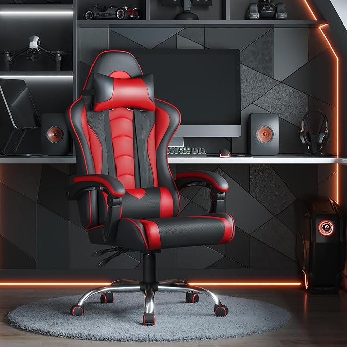 Yaheetech Gaming Chair Computer Office Chair with Headrest and Massage Lumbar Support Height Adjustable Ergonomic Chairs with Swivel Seat Black/Red