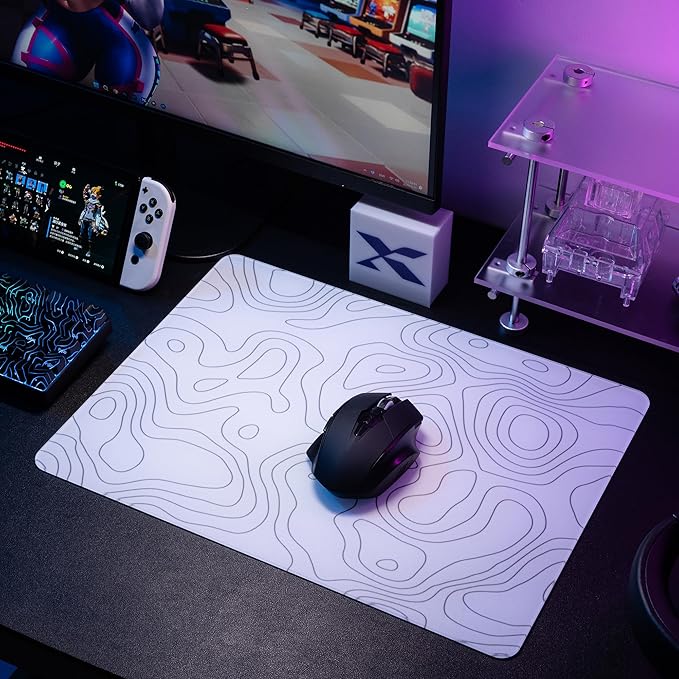 Glass Mousepad for Gaming White Topographic Hard Gaming Mouse pad Professional Large Mouse Mat 410mm*310mm Special Glass Surface with Improved Precision and Speed