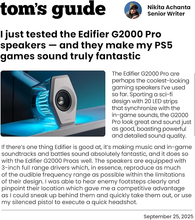 Edifier G2000 Pro 2.0 RGB Gaming Speakers with 64W Peak Power Virtual 7.1 Surround Sound 270° TempoFlow Light Sync Bluetooth 5.4/USB-C/AUX for PC PS5 Game Console (Black)
