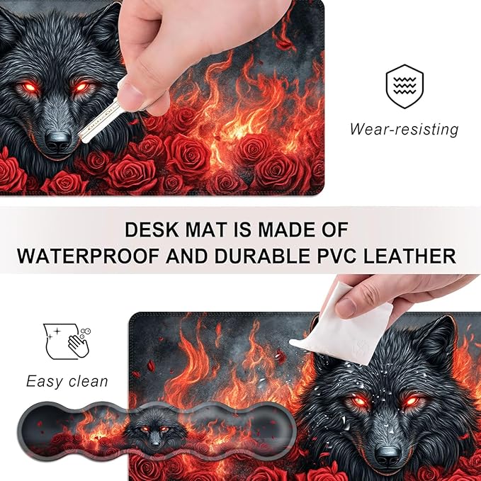 Mouse PadLarge Desk Mat Set 4in1 XL Mousepad + Keyboard Wrist Rest+Mouse Wrist Rest+Coaster with Ergonomic Desk Pad for Home Office Table Computer Cover -Wolf with Roses and Flames