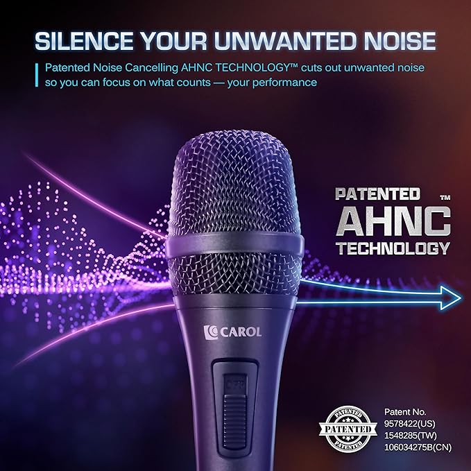 CAROL AC-910S XLR Wired Vocal Microphone – Dynamic Cardioid Mic with AHNC Dual-Engine Noise Cancelling Tech for Singing Karaoke Stage &amp Studio Includes Mic Clip 14.8ft XLR Cable &amp On/Off S