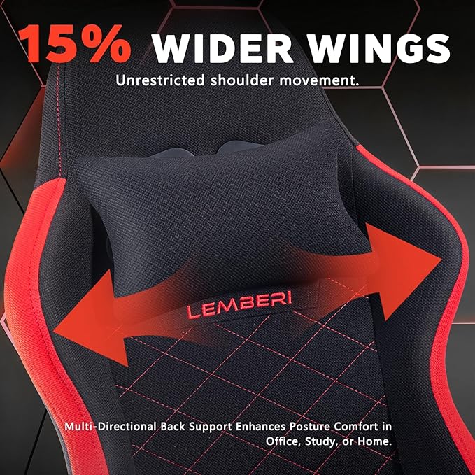 LEMBERI Gaming Chair Fabric Big and Tall Video Game Chairs for Adults with FootrestRacing Style Ergonomic Computer Gamer Chair with Headrest and Lumbar Support (Red)