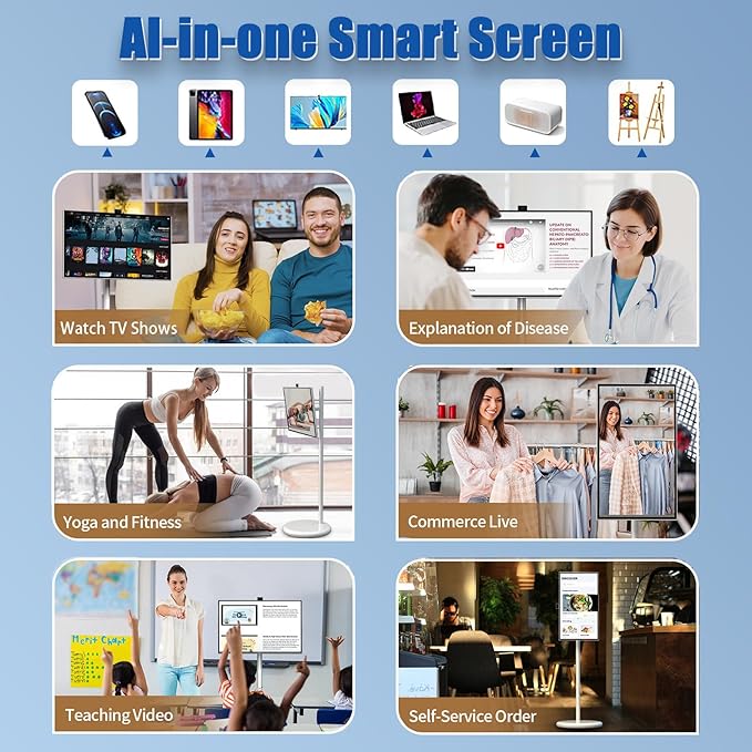 24 Inch Portable Smart Screen on Wheels Wireless Touch Monitor Android 12 Full-Motion Mount 1080P Touch Screen for Streaming Work and Multi-Purpose Use 6+128GB