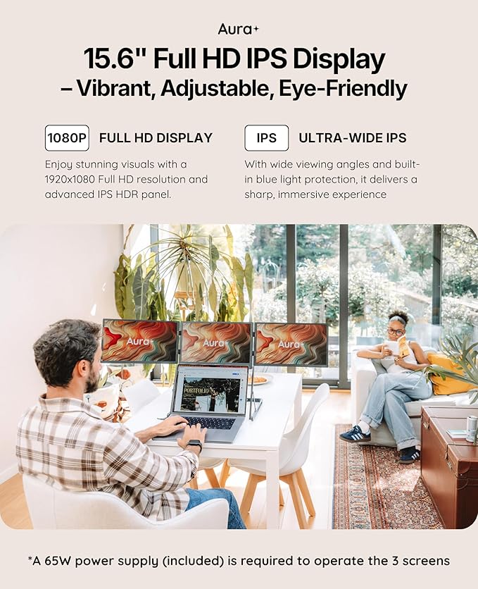 Triple Aero 15.6” Pro Max | Premium Triple Portable Monitor Extender | Full Aluminum | Quad Screens | 3×15.6” FHD 1080P HDR IPS | USB-C &amp HDMI | Compatible with 11-18” Laptops