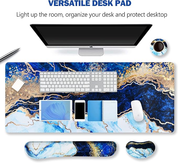 ARTSO Large Gaming Mouse Pad Keyboard Wrist Rest Pad &amp Wrist Support Mousepad Set Stitched Edge Extended Non-Slip Base Memory FoamMultifunctional Desk Mat 4pcs for Office &amp Home Blue Ma