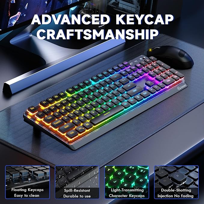 M104 Wireless Gaming Keyboard Wired/Bluetooth Mechanical Feel Light up Membrane Computer Keyboard with Numeric Keypad RGB Full Size Mental Panel 4000MAH Rechargeable Quiet for PC Gamer-Black