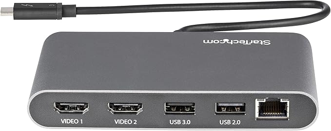 StarTech.com Dual-Monitor Thunderbolt Mini Dock 4K 60Hz HDMI Driverless Hub for Windows and Mac Gigabit Ethernet 1 x USB 5Gbps 1x USB 2.0 11in (28cm) Cable