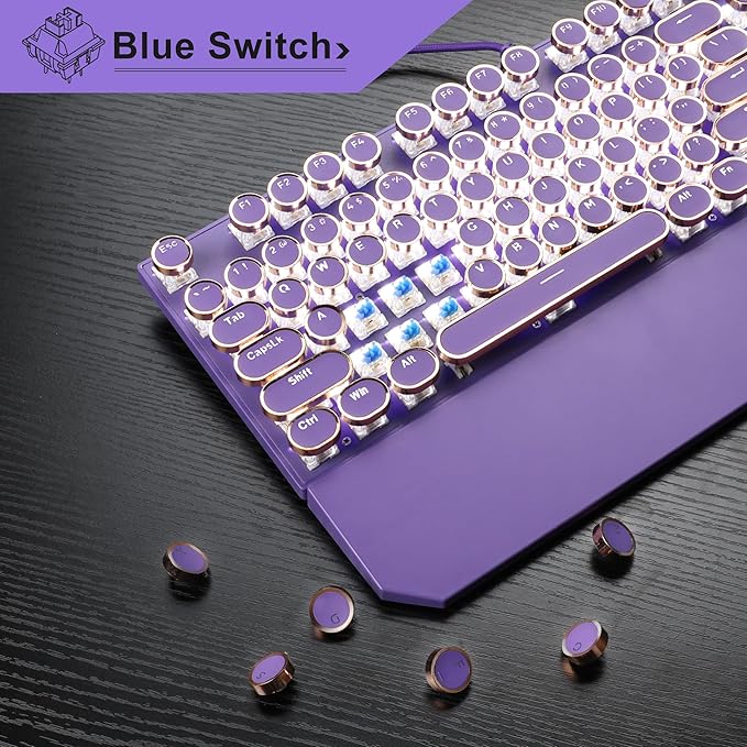 Camiysn Typewriter Style Mechanical Gaming Keyboard Purple Retro Punk Gaming Keyboard with White Backlit 104 Keys Blue Switch Wired Cute Keyboards Round Keycaps for Windows/Mac/PC