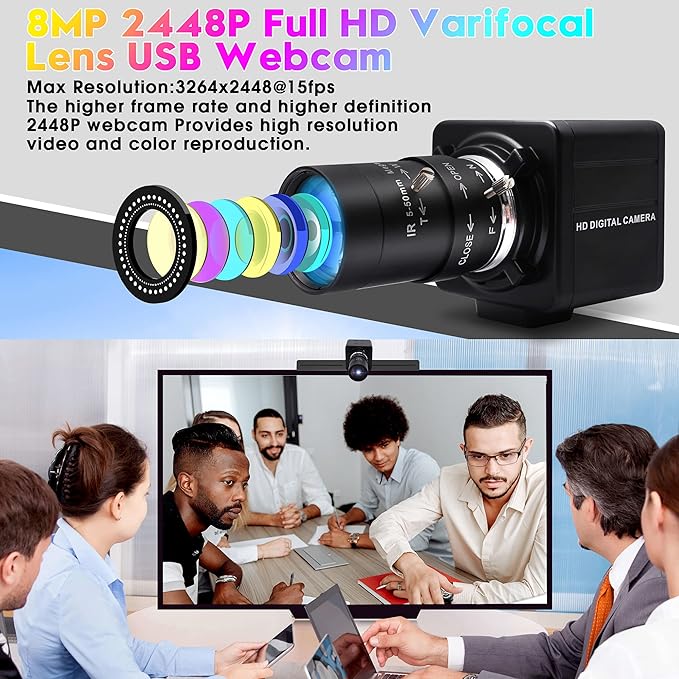 8MP USB Camera Manual Zoom 5-50mm Lens Webcam Variable Focus PC Camera Mini UVC USB2.0 USB with Camera for Computer IMX179 Close-up Camera Varifocal Web Camera Zoomable for Raspberry Pi Laptop