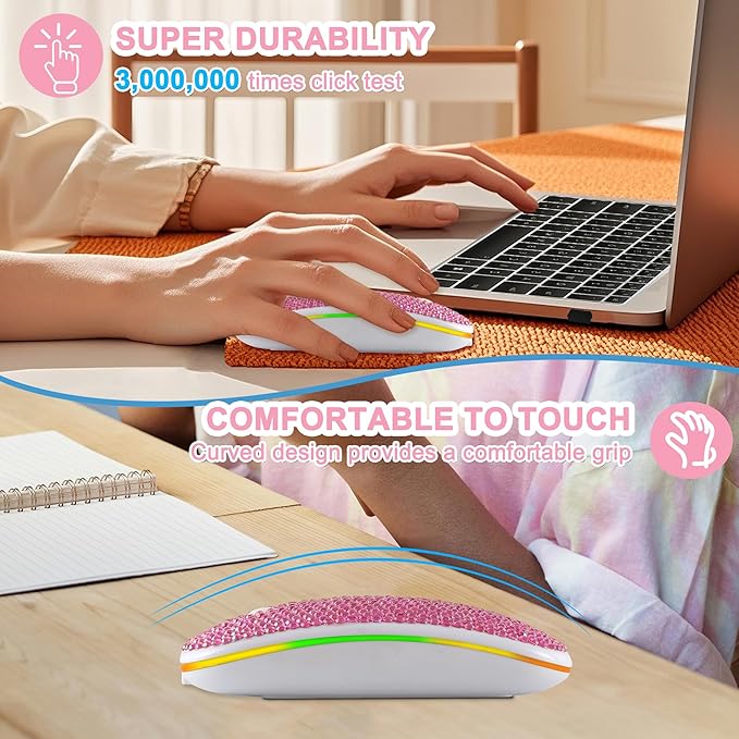 Wireless Mouse Bluetooth Cute Pink Bling Crystal Rhinestone Computer Mice with LED Light 2.4GHz &amp Bluetooth Dual Mode Rechargeable Silent USB Cordless Mouse for Laptop PC Tablet Phone Kids Adults
