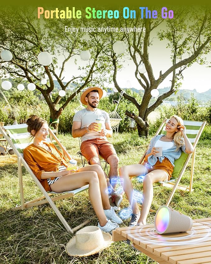 Portable Bluetooth Speaker Wireless with 9 Color Lights 20H Playtime Stereo Pairing Deep Bass IPX6 Waterproof Bluetooth 5.3 Small Speaker for Home Party Outdoor Camping Beach Gift