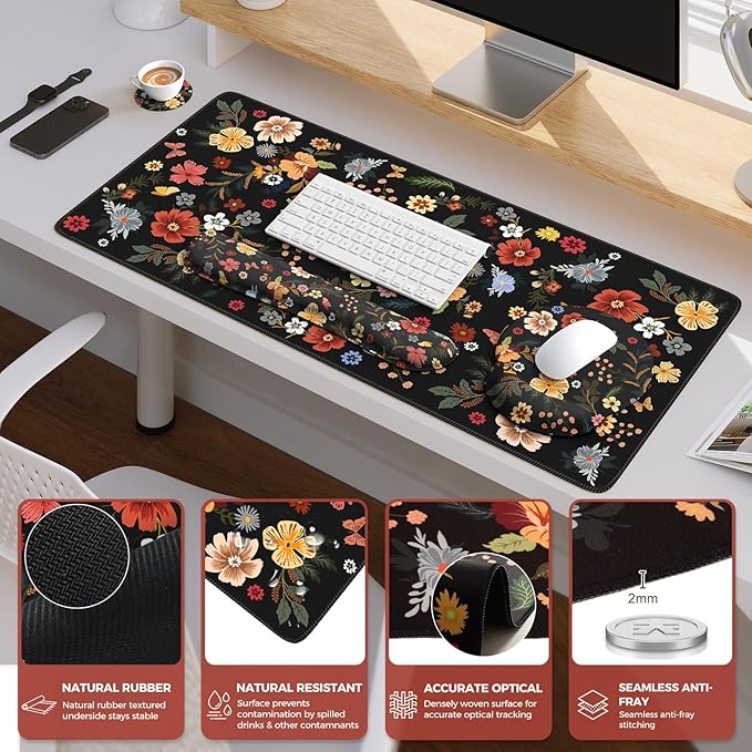 iCasso Desk Cover Mat 4in1 Floral Large Mouse Pad with Wrist Rest Desk Matt for Desktop Anti-Slip XXL Big Computer Ergonomic Mousepad with Wrist Support for Keyboard and Mouse (Flowers)