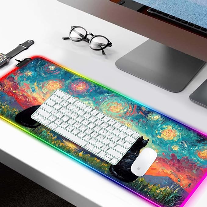 RGB Cute Black Cat Fantasy Starry Night Gaming Desk Mat Computer Keyboard Large Extended Long Animal LED Mouse Pad for Office and Home XL (W03)