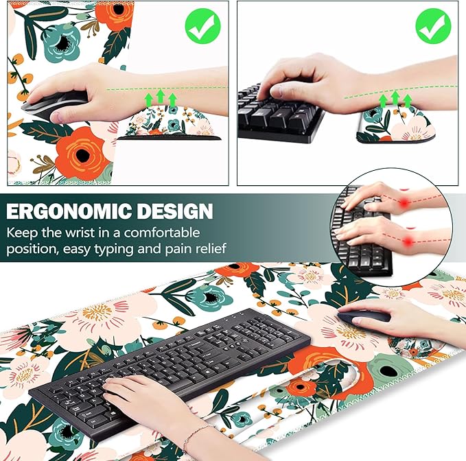 ARTSO Extended Gaming Mouse Pad Set Keyboard Wrist Rest Support Pad + Wrist Cushion + XXL Large Mouse Pad + Coaster Stitched Edge Non-Slip Memory Foam Desk Mat Flower