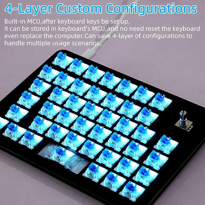 Koolertron One Handed Mechanical Gaming Keyboard with 24 Macro Keys 45-Key Fully Programmable Mini Keypad Mini USB Macro Keyboard with Rotating Knob Blue Backlit for Windows PC Gamers