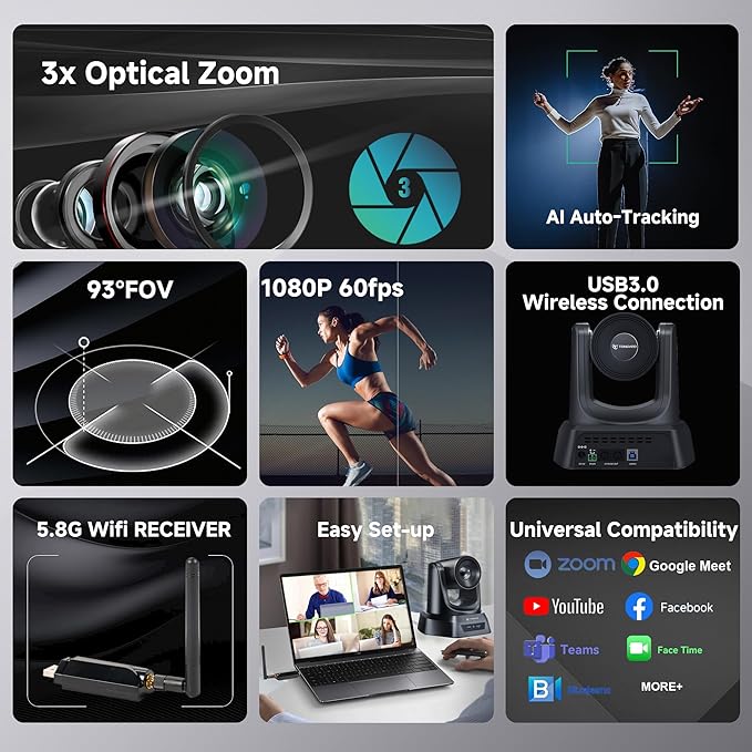 TONGVEO Wireless AI PTZ Camera with Auto-Tracking: Built-in 5.8GHz Receiver for Cable-Free Setup 1080P 60fps 3X Zoom Conference Camera for Church Services Online Classes &amp Hybrid Meetings