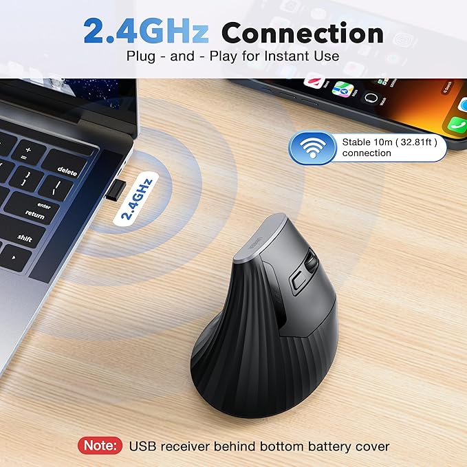 Uineer Vertical Mouse 2.4GHz Ergonomic Wireless Mouse 800/1200/1600/2400 Adjustable Dpi 6 Buttons Battery Powered Mouse for Laptop PC Mac Comfort and Reduced Wrist Strain (Black)