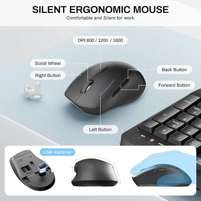 Wireless Keyboard and Mouse Combo2.4G Full Size Wave Keys Ergonomic Keyboard with Wrist Rest for Natural Typing 3 DPI Adjustable Ergonomic Silent Mouse for Computer/Laptop/Windows/Mac (Gray)