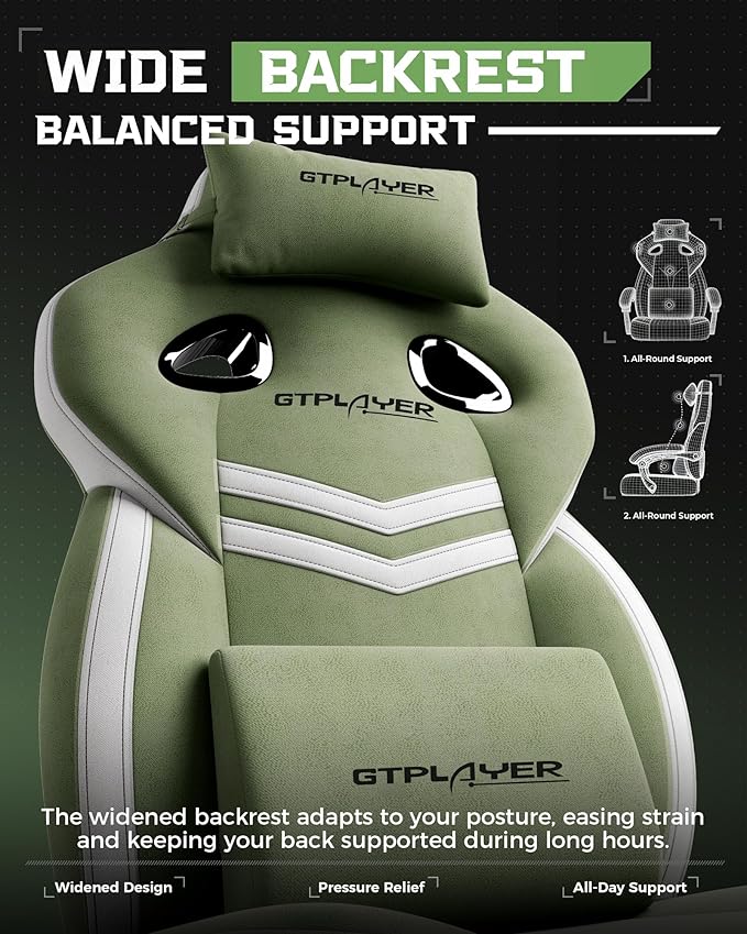 GTPLAYER Gaming Chair Computer Chair with Footrest and Lumbar Support for Adults 360°-Swivel Big &amp Tall Reclining Seat for Office or Gaming (Green)