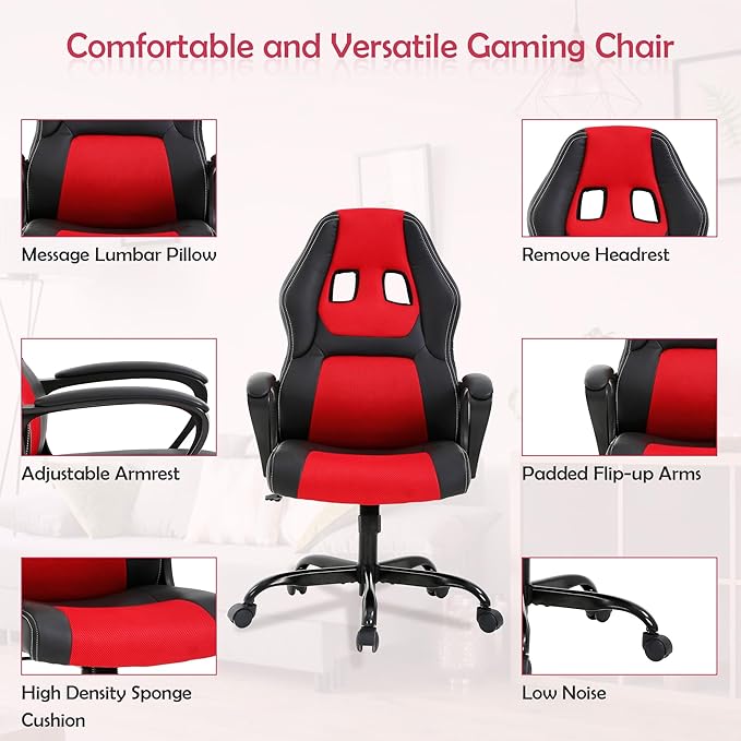 MKDLUFEI Modern Ergonomic Massage Gaming Chair Red &amp Black