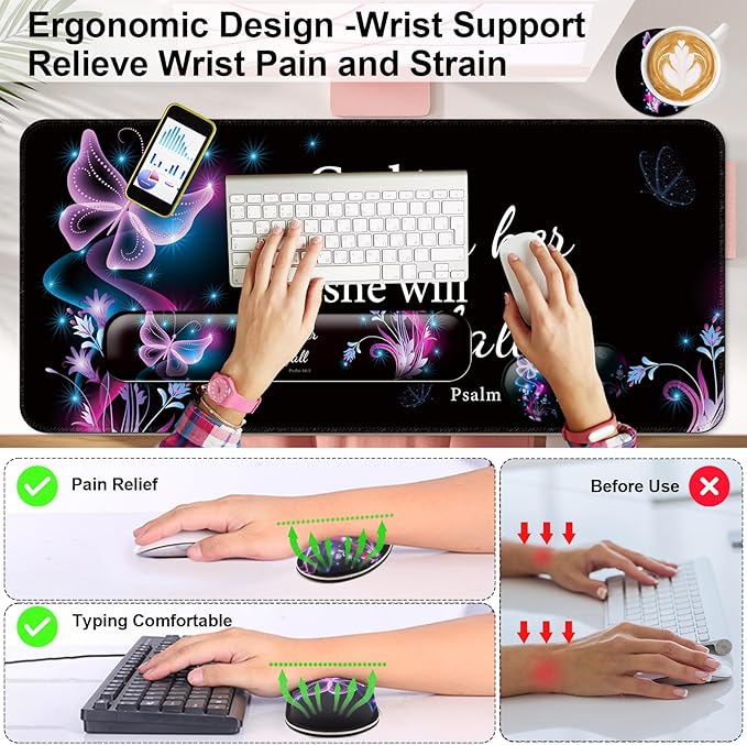 Keyboard Wrist Rest + Mouse Pad with Wrist Support + Desk Mat + Coaster 4 in 1 SetDesk Matt for DesktopCute Large Gaming Ergonomic Mousepad for Computer Laptop Office Home Decor-Purple Butterfly