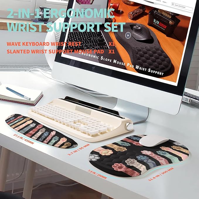 2-in-1 Ergonomic Set Wave Rise Keyboard Wrist Rest and Massage Bulge Slope Mouse Pad Wrist Support Cushion Memory Foam Integrated to Relieve Wrist Pain Multicolour Cat Claws