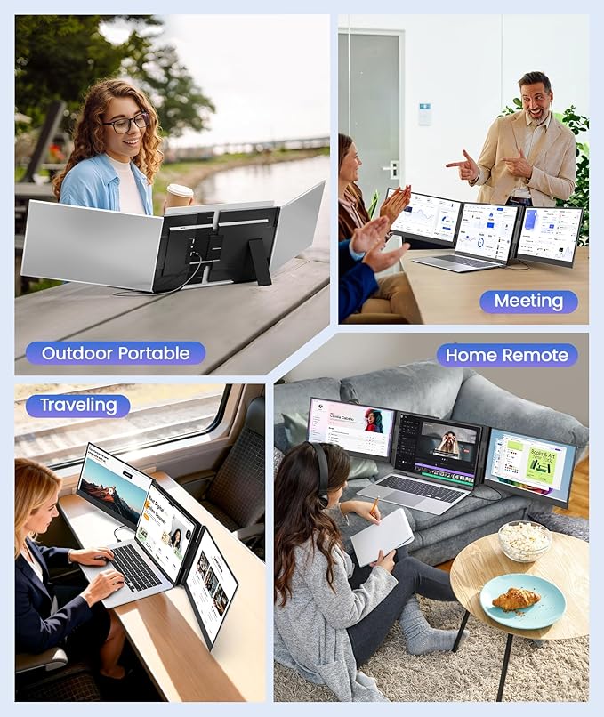 One Cable Laptop Screen Extender 15.6” Ultra-Slim Triple Portable Monitor 1080P FHD IPS Display USB-C/USB-A Connection Travel Monitor for 13–17.3 Laptops MacOS/Windows/Android