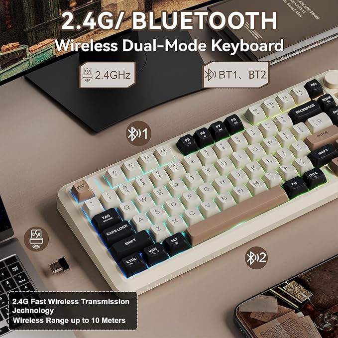 ZIYOU LANG M75 Wireless Gaming Keyboard RGB Backlit Rechargeable 2000mAh Battery Small Membrane But Mechanical Feel Keyboard with Smart Display &amp Knob PBT Gradient keycaps for PC MAC - Cheese