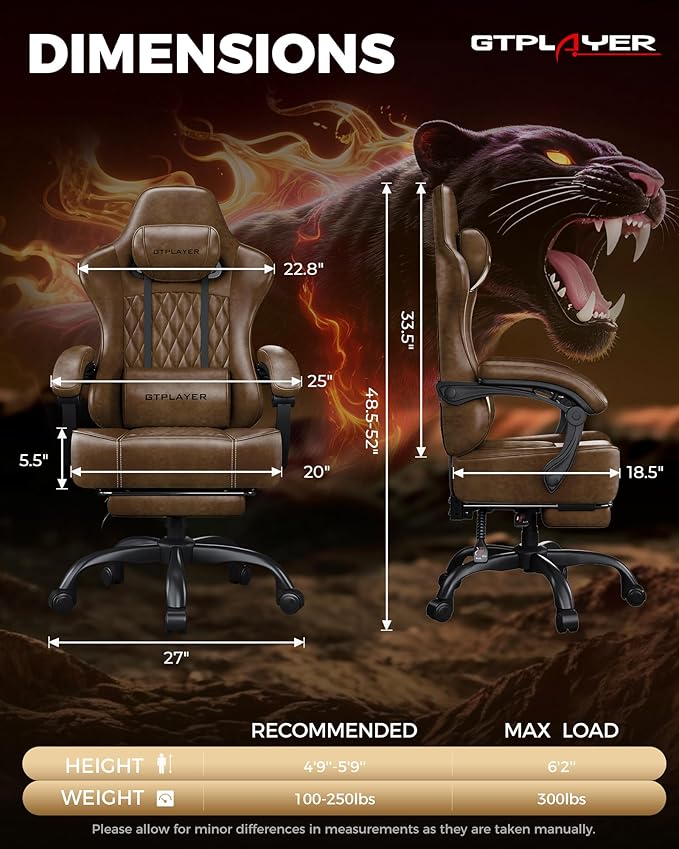GTPLAYER Big and Tall Gaming Chair with Footrest Ergonomic Office Desk Chair with 4.4in Thick Cushion and Wide Wingless Seat Comfortable Leather Computer Chair Predator Series Rustic Brown