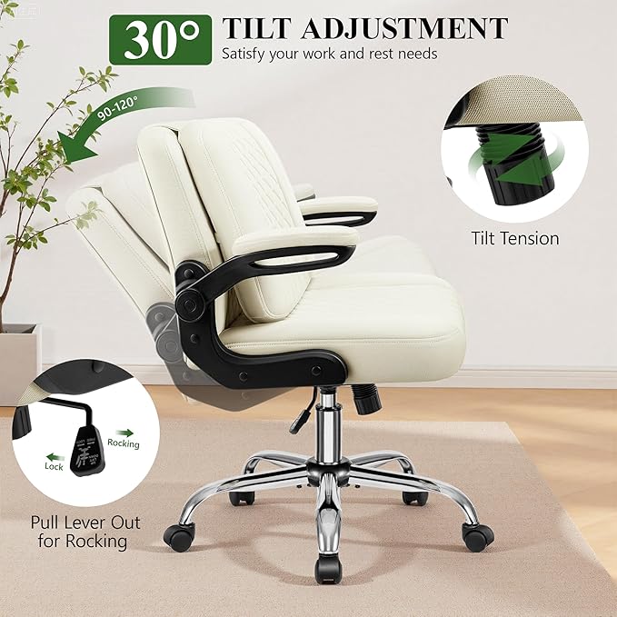 Criss Cross Office Chair with 2-in-1 Flip Backrest – Ergonomic PU Leather Floor Sitting Chair Adjustable Height 360° Swivel &amp Flip-Up Arms Extra-Wide Seat for Home Office Vanity Nail Salon-Wh