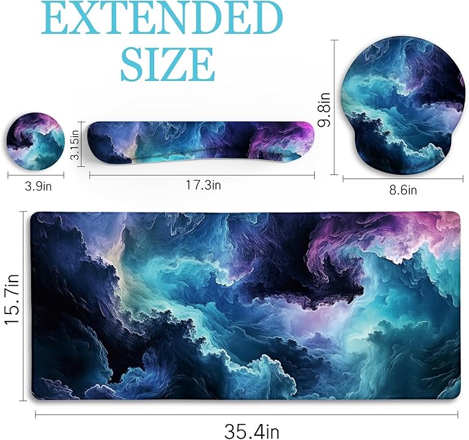 Galaxy Mouse Pad Set Large Desk Matt for Desktop Ergonomic Mouse Pad with Wrist Rest Gaming Mousepad Wrist Support Keyboard Mat Cup Coaster Set Cute Office Desk Decor Accessories